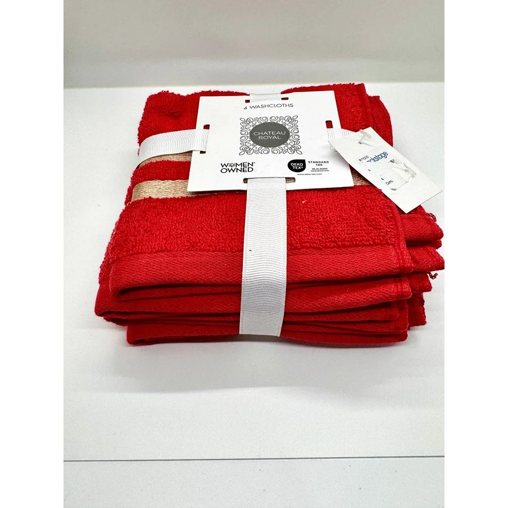 Chateau Royal Red Washcloths‎ Set of 4 Gold Metallic Stripe Cotton New